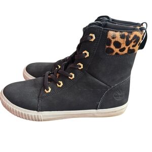 Timberland Skyla Bay Black Nubuck Leather High-Top Sneaker with Leopard Collar